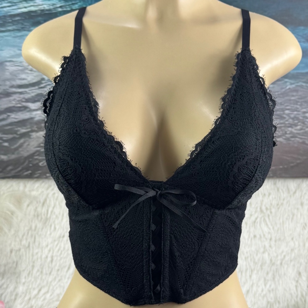 Gilly Hicks Black Lace Longline Bralette Bustier Size Medium